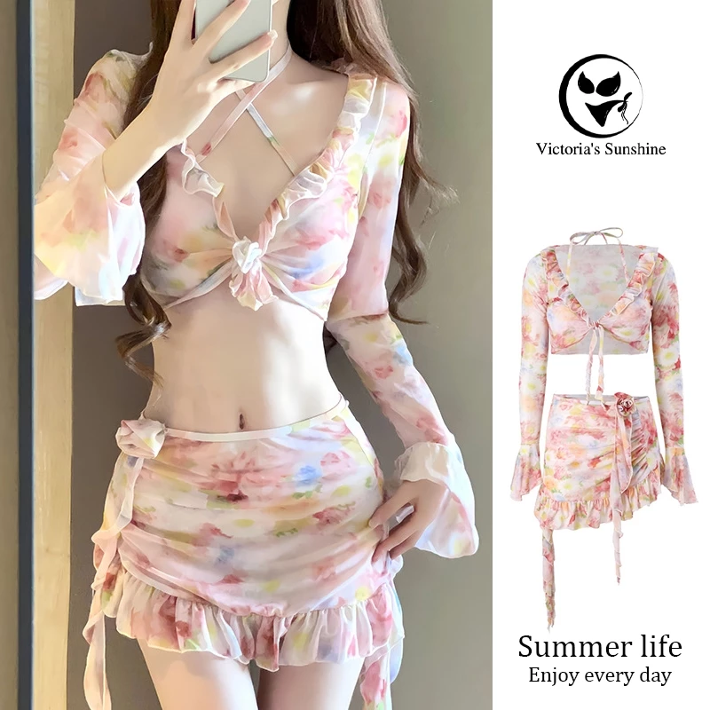 Women Swimsuit Set Bikini Floral Swimsuit Neck Tie 4pcs#0231